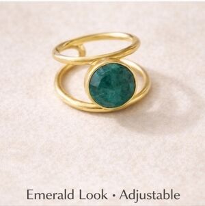 Emerald Green Gemstone Ring – Gold Tone Adjustable Open Band